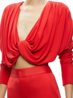 Alice and Olivia Elda Twisted Draped Cropped Top-Women Tops