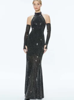 Alice and Olivia Fabiola Embellished Halter Neck Gown-Women Dresses
