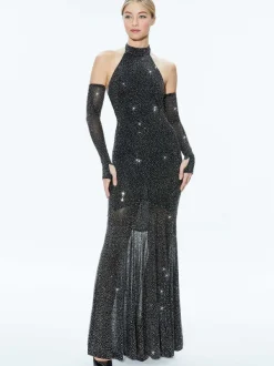 Alice and Olivia Fabiola Embellished Halter Neck Gown-Women Dresses