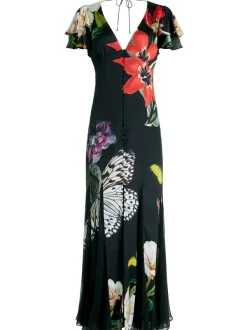 Alice and Olivia Fara Deep V-Neck Flutter Sleeve Maxi Dress-Women Dresses