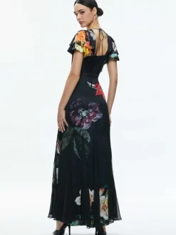 Alice and Olivia Fara Deep V-Neck Flutter Sleeve Maxi Dress-Women Dresses