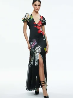 Alice and Olivia Fara Deep V-Neck Flutter Sleeve Maxi Dress-Women Dresses
