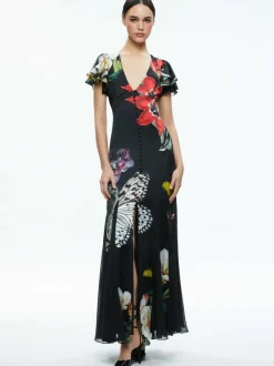 Alice and Olivia Fara Deep V-Neck Flutter Sleeve Maxi Dress-Women Dresses