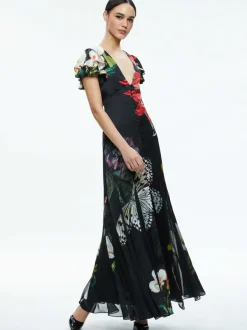 Alice and Olivia Fara Deep V-Neck Flutter Sleeve Maxi Dress-Women Dresses