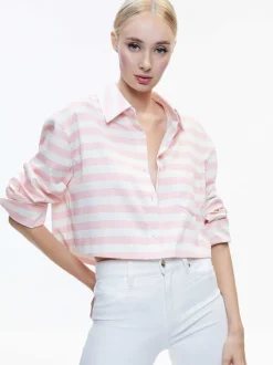 Alice and Olivia Finely Cropped Oversized Button Down Shirt-Women Tops