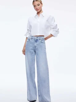 Alice and Olivia Finely Cropped Oversized Button Down Shirt-Women Tops