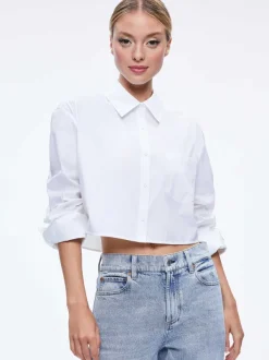 Alice and Olivia Finely Cropped Oversized Button Down Shirt-Women Tops