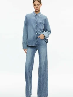 Alice and Olivia Finely Denim Button Down-Women Tops