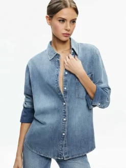 Alice and Olivia Finely Denim Button Down-Women Tops