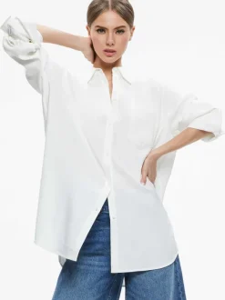 Alice and Olivia Finely Oversized Linen Button Down Shirt-Women Tops