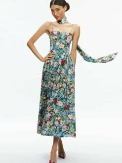 Alice and Olivia Glynis Spaghetti Strap Scarf Midi Dress-Women Dresses