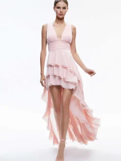 Alice and Olivia Holly Low Neck Asymmetric Ruffled Maxi Dress-Women Dresses