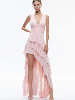 Alice and Olivia Holly Low Neck Asymmetric Ruffled Maxi Dress-Women Dresses