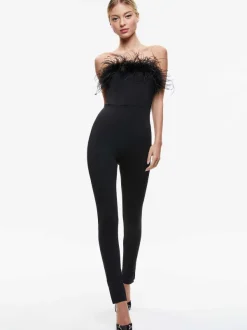 Alice and Olivia Idell Off Shoulder Feather Trim Jumpsuit-Women Jumpsuits