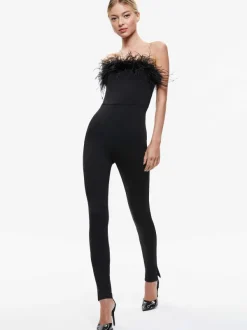 Alice and Olivia Idell Off Shoulder Feather Trim Jumpsuit-Women Jumpsuits