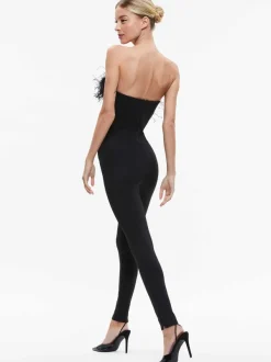 Alice and Olivia Idell Off Shoulder Feather Trim Jumpsuit-Women Jumpsuits