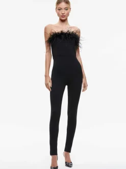Alice and Olivia Idell Off Shoulder Feather Trim Jumpsuit-Women Jumpsuits