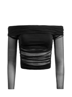 Alice and Olivia Isadola Over The Shoulder Ruched Long Sleeve Top-Women Tops