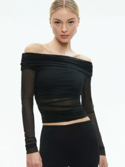 Alice and Olivia Isadola Over The Shoulder Ruched Long Sleeve Top-Women Tops