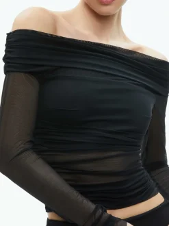 Alice and Olivia Isadola Over The Shoulder Ruched Long Sleeve Top-Women Tops