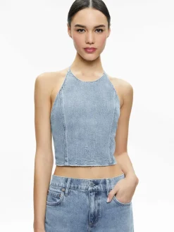 Alice and Olivia Jaymee Tie Neck Cropped Halter Top-Women Tops