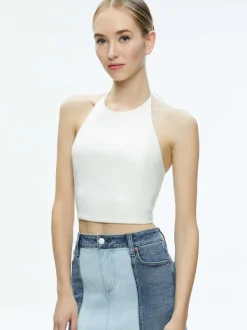 Alice and Olivia Jaymee Vegan Leather Cropped Halter Top-Women Tops