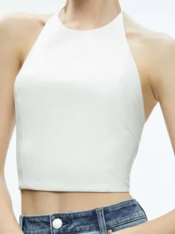 Alice and Olivia Jaymee Vegan Leather Cropped Halter Top-Women Tops