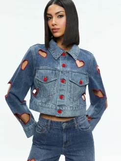 Alice and Olivia Jeff Heart Embroidered Cropped Denim Jacket-Women Jackets + Coats