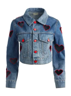 Alice and Olivia Jeff Heart Embroidered Cropped Denim Jacket-Women Jackets + Coats