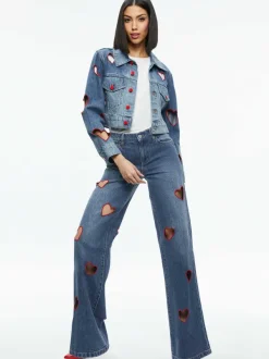 Alice and Olivia Jeff Heart Embroidered Cropped Denim Jacket-Women Jackets + Coats