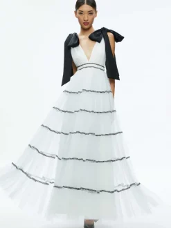 Alice and Olivia Jessalyn Bow Strap Tiered Maxi Gown-Women Dresses