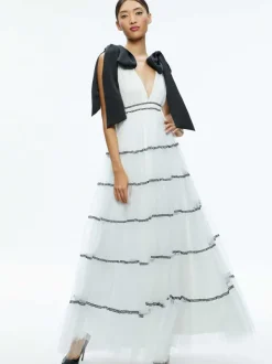 Alice and Olivia Jessalyn Bow Strap Tiered Maxi Gown-Women Dresses
