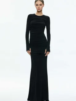 Alice and Olivia Katherina Crew Neck Long Sleeve Ruched Maxi Dress-Women Dresses