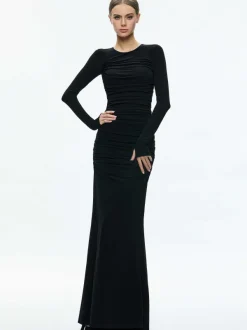 Alice and Olivia Katherina Crew Neck Long Sleeve Ruched Maxi Dress-Women Dresses