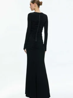 Alice and Olivia Katherina Crew Neck Long Sleeve Ruched Maxi Dress-Women Dresses