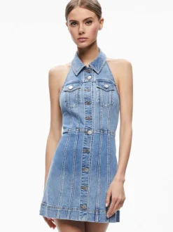 Alice and Olivia Kendall Denim Halter Mini Dres-Women Dresses