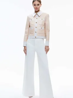 Alice and Olivia Kinley Woven Vegan Leather Jacket-Women Jackets + Coats