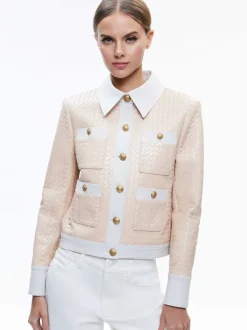 Alice and Olivia Kinley Woven Vegan Leather Jacket-Women Jackets + Coats