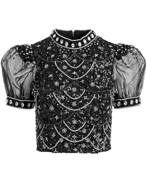 Alice and Olivia Kristina Embellished Puff Sleeve Crop Top-Women Tops