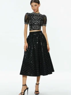 Alice and Olivia Kristina Embellished Puff Sleeve Crop Top-Women Tops