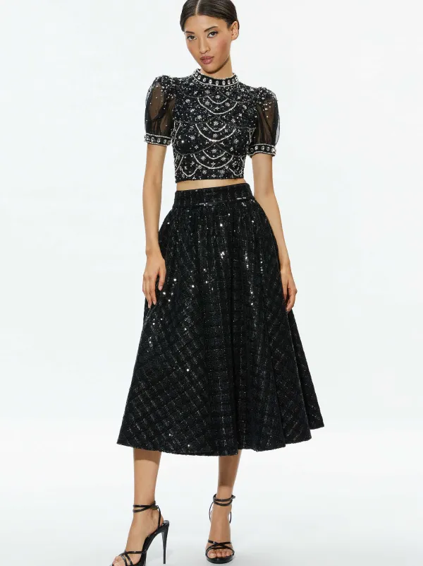 Alice and Olivia Kristina Embellished Puff Sleeve Crop Top-Women Tops