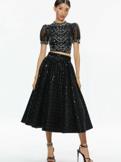 Alice and Olivia Kristina Embellished Puff Sleeve Crop Top-Women Tops