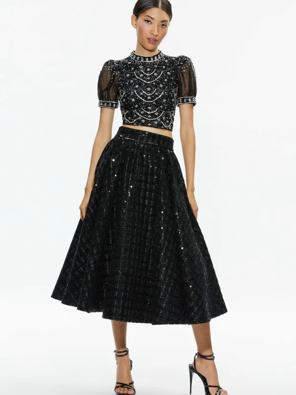 Alice and Olivia Kristina Embellished Puff Sleeve Crop Top-Women Tops