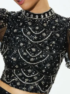 Alice and Olivia Kristina Embellished Puff Sleeve Crop Top-Women Tops