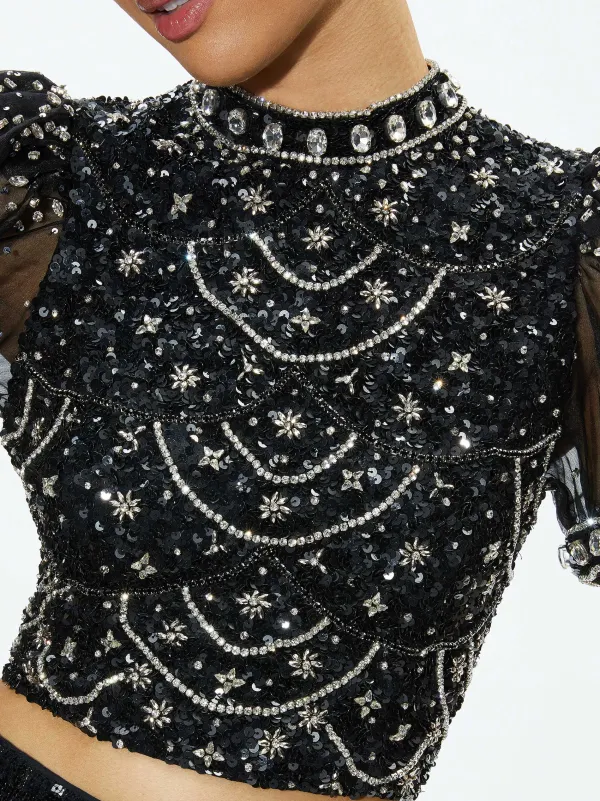 Alice and Olivia Kristina Embellished Puff Sleeve Crop Top-Women Tops