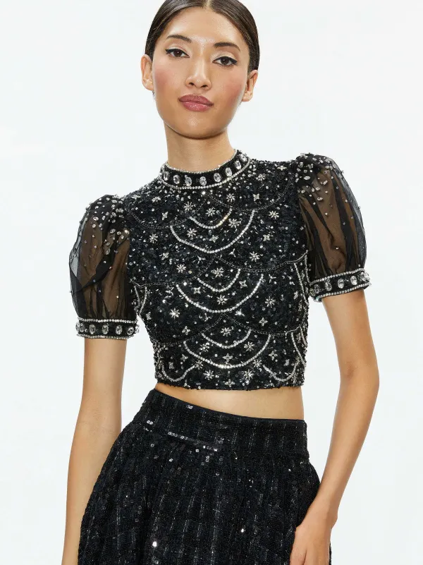 Alice and Olivia Kristina Embellished Puff Sleeve Crop Top-Women Tops