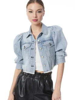 Alice and Olivia Lana Puff Sleeve Denim Jacket With Raw Hem-Women Jackets + Coats