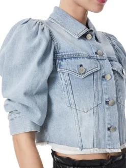 Alice and Olivia Lana Puff Sleeve Denim Jacket With Raw Hem-Women Jackets + Coats