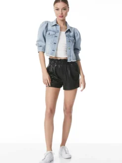 Alice and Olivia Lana Puff Sleeve Denim Jacket With Raw Hem-Women Jackets + Coats