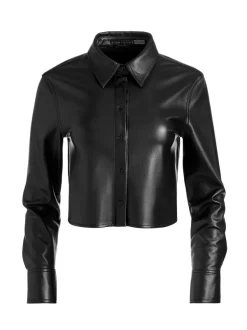 Alice and Olivia Leon Cropped Vegan Leather Button Down-Women Tops